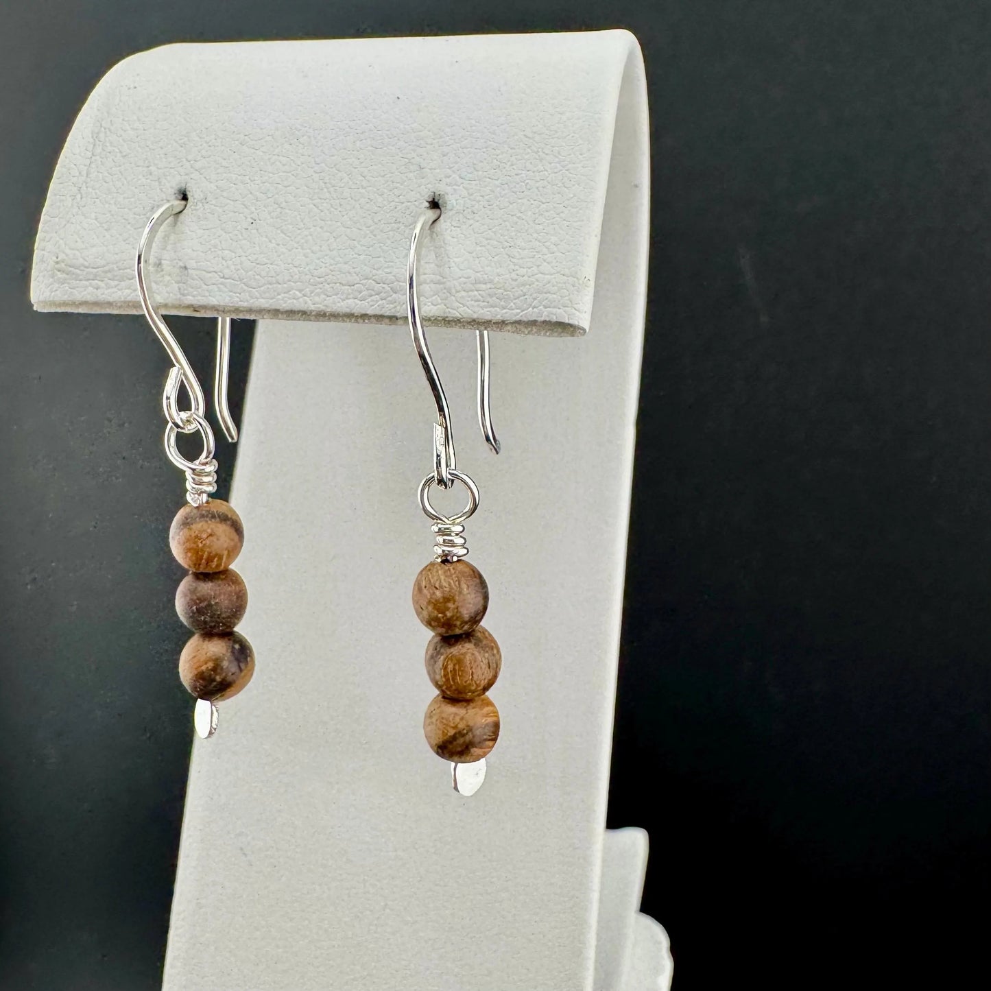 Sandalwood Tiger Skin Silver Earrings, Natural Gemstone Dangles, Sterling Silver Jewelry,
