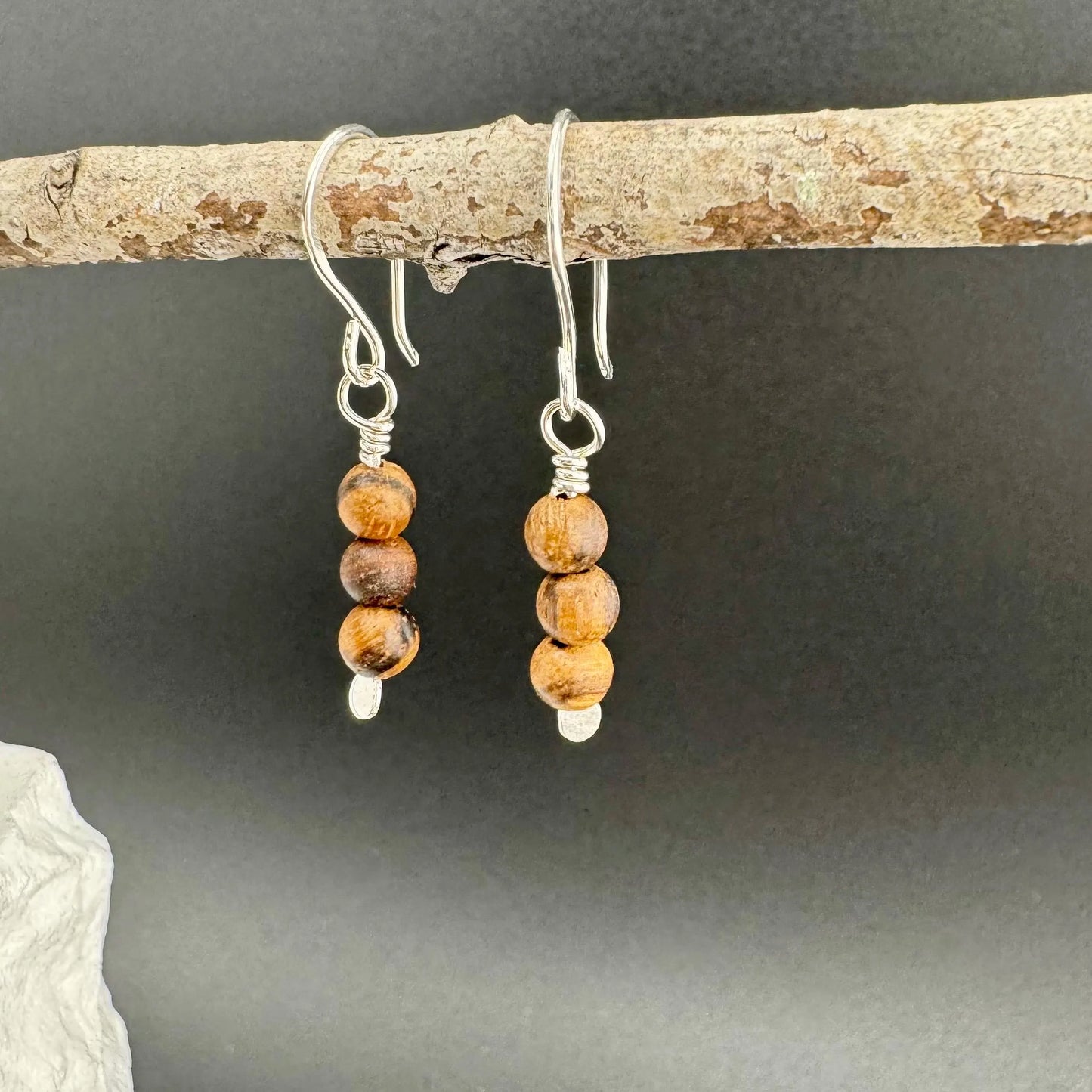 Sandalwood Tiger Skin Silver Earrings, Natural Gemstone Dangles, Sterling Silver Jewelry,