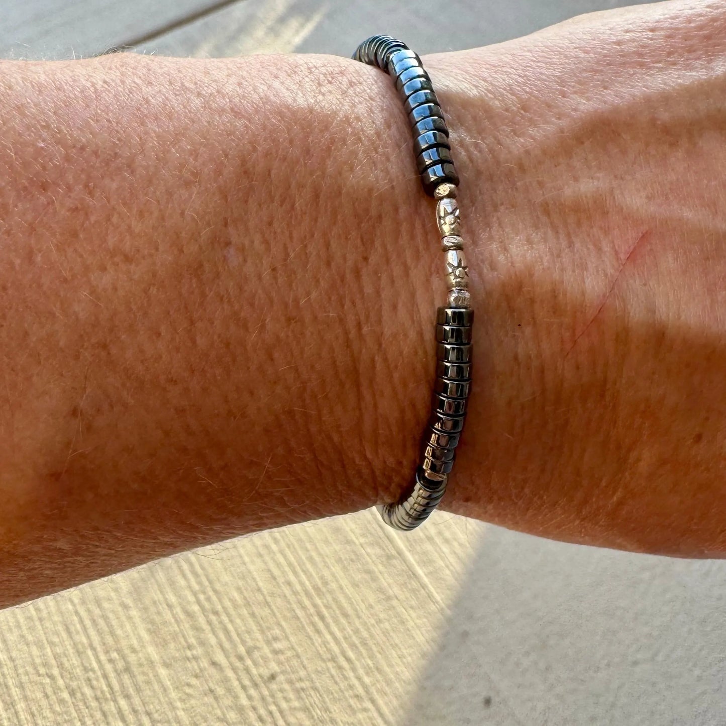 Hematite Beaded Bracelet, Sterling Silver Gemstone Bracelet, Unisex Bracelet