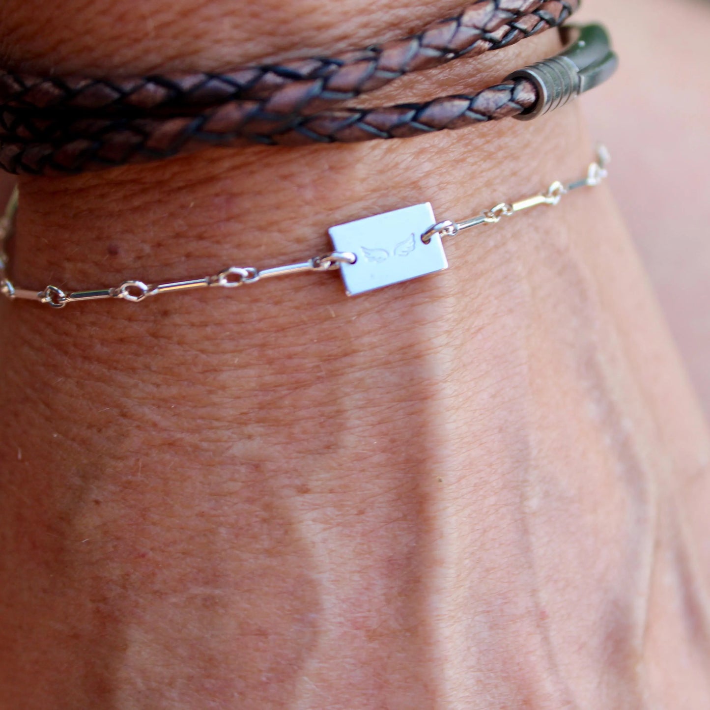 Sterling Silver Angel Wing Connector Bracelet – Dainty Bar & Ring Chain | Minimalist Stackable Jewelry