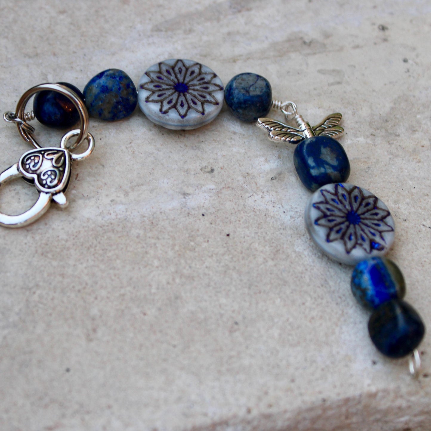 Blue Lapis Gemstone Purse Tassel with Dragonfly and Flower Charms