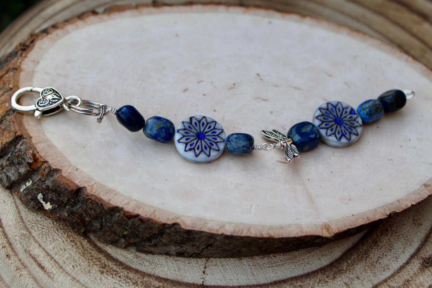 Blue Lapis Gemstone Purse Tassel with Dragonfly and Flower Charms