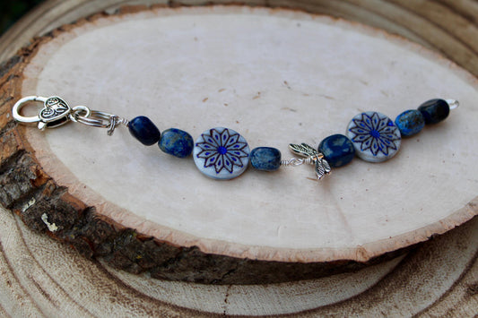 Blue Lapis Gemstone Purse Tassel with Dragonfly and Flower Charms