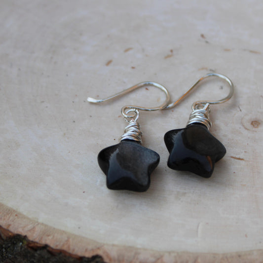 Sterling Silver Star Dangle Earrings with Obsidian, Handcrafted Jewelry