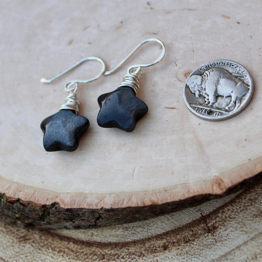Sterling Silver Star Dangle Earrings with Obsidian, Handcrafted Jewelry