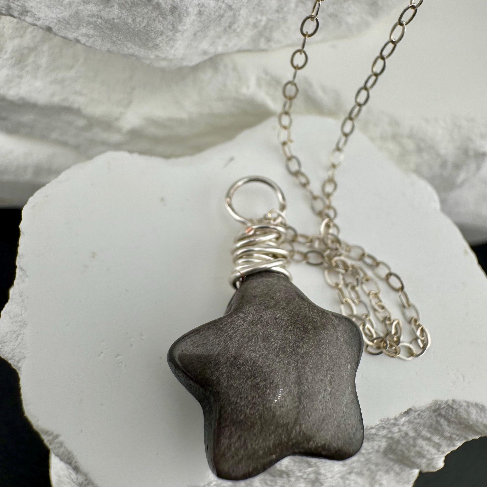Obsidian Gemstone Puffy Star Necklace, Star Pendant, Obsidian Necklace, Gemstone Jewelry, Celestial Necklace, Black Stone