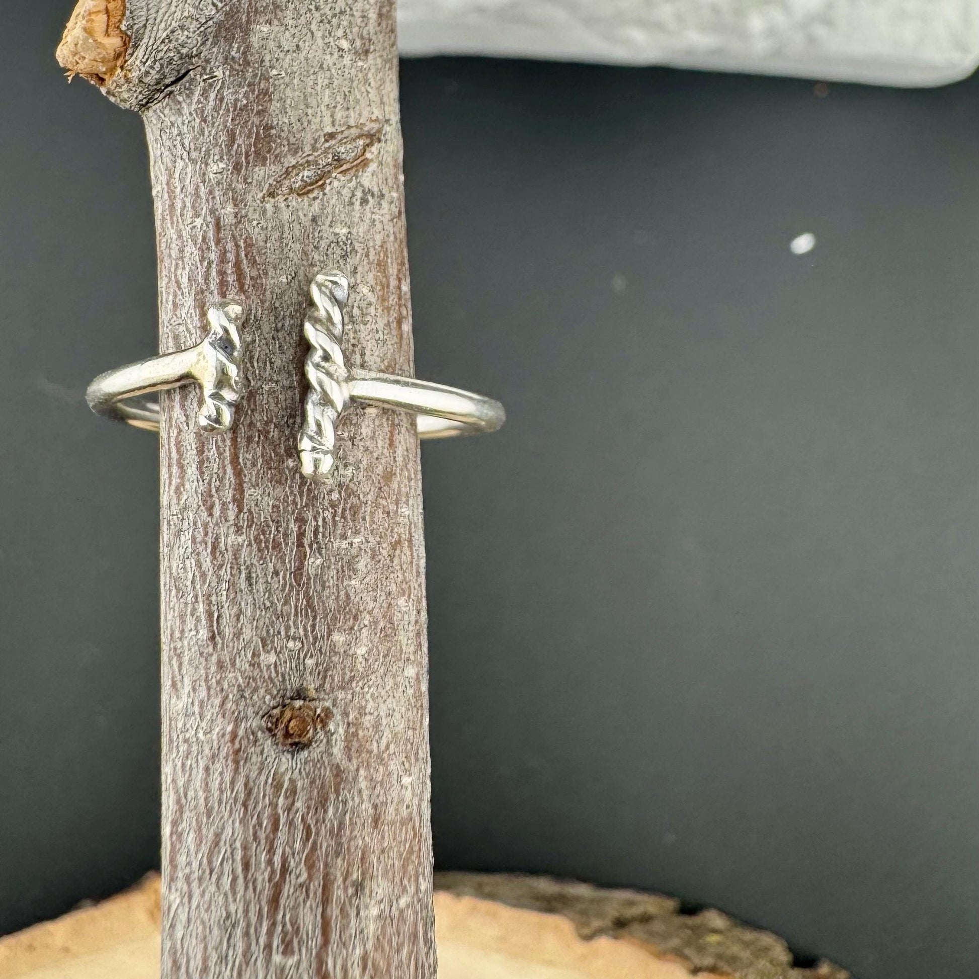 Modern Uneven Rope Vertical Bar Sterling Silver Ring - Handmade Geometric Open Band, Adjustable Ring