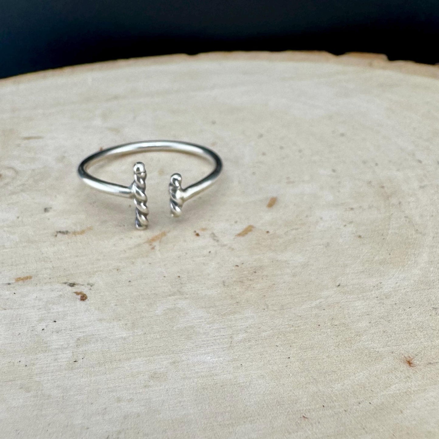 Modern Uneven Rope Vertical Bar Sterling Silver Ring - Handmade Geometric Open Band, Adjustable Ring