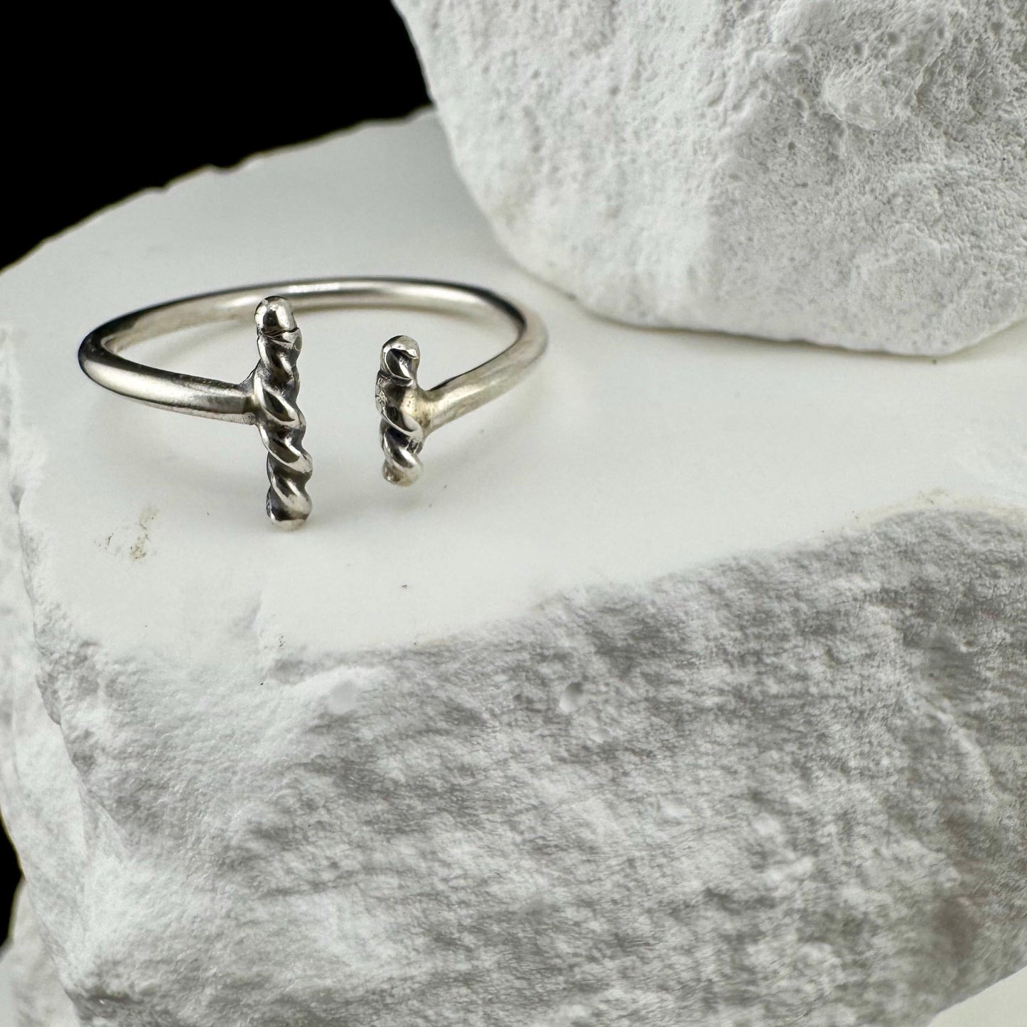 Modern Uneven Rope Vertical Bar Sterling Silver Ring - Handmade Geometric Open Band, Adjustable Ring