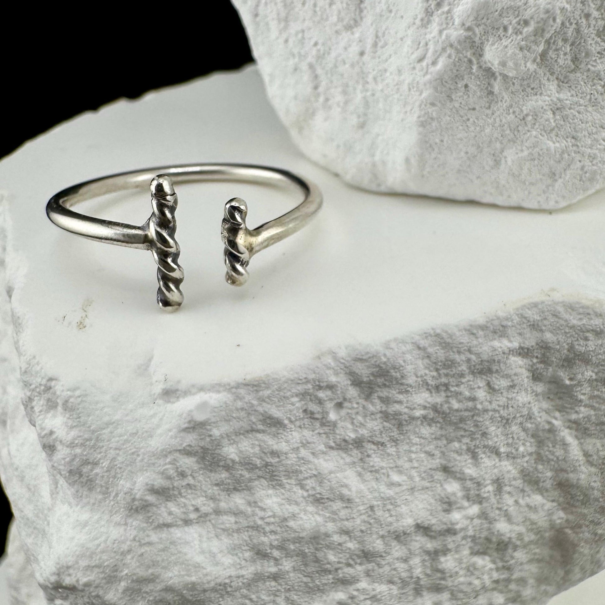 Modern Uneven Rope Vertical Bar Sterling Silver Ring - Handmade Geometric Open Band, Adjustable Ring