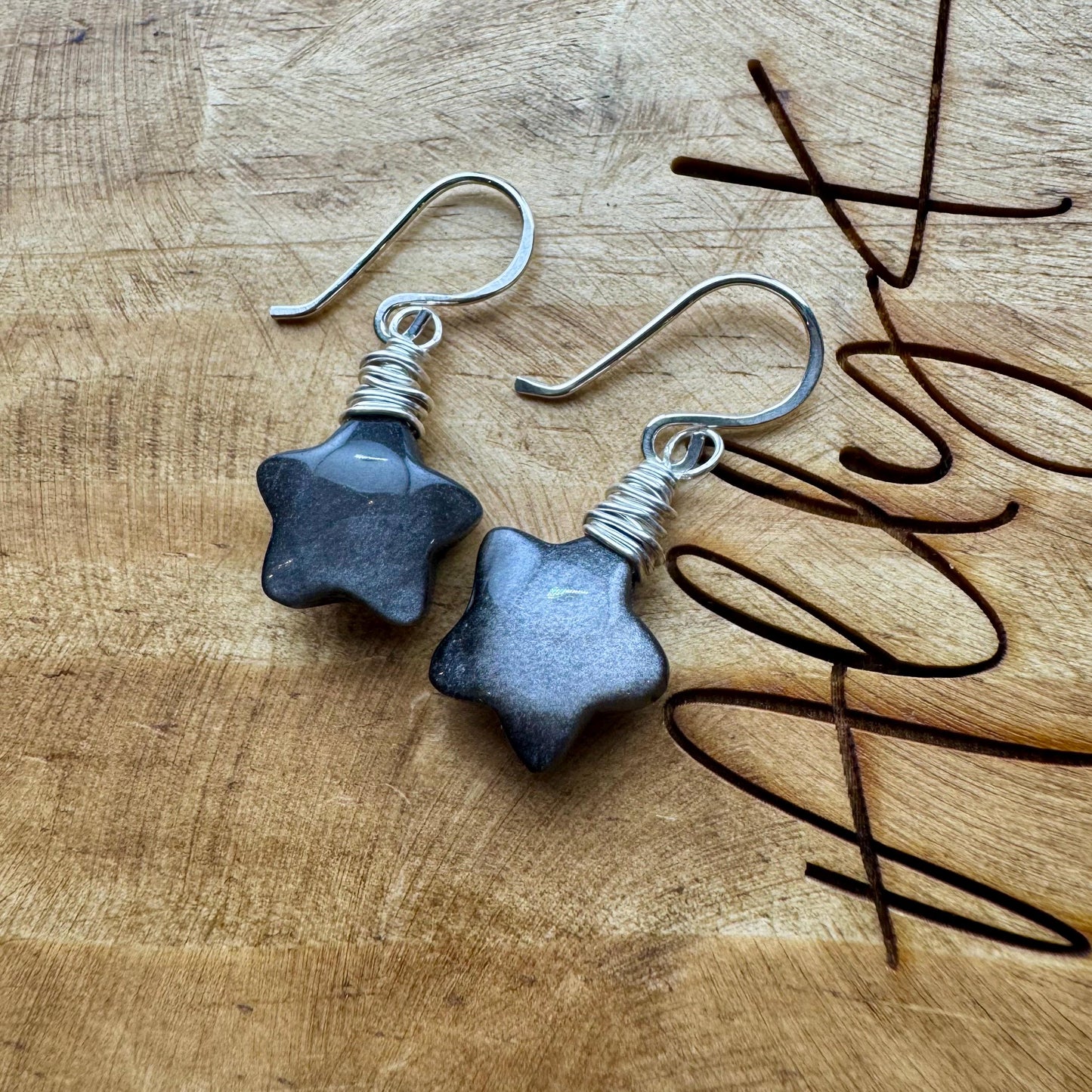 Sterling Silver Star Dangle Earrings with Obsidian, Handcrafted Jewelry