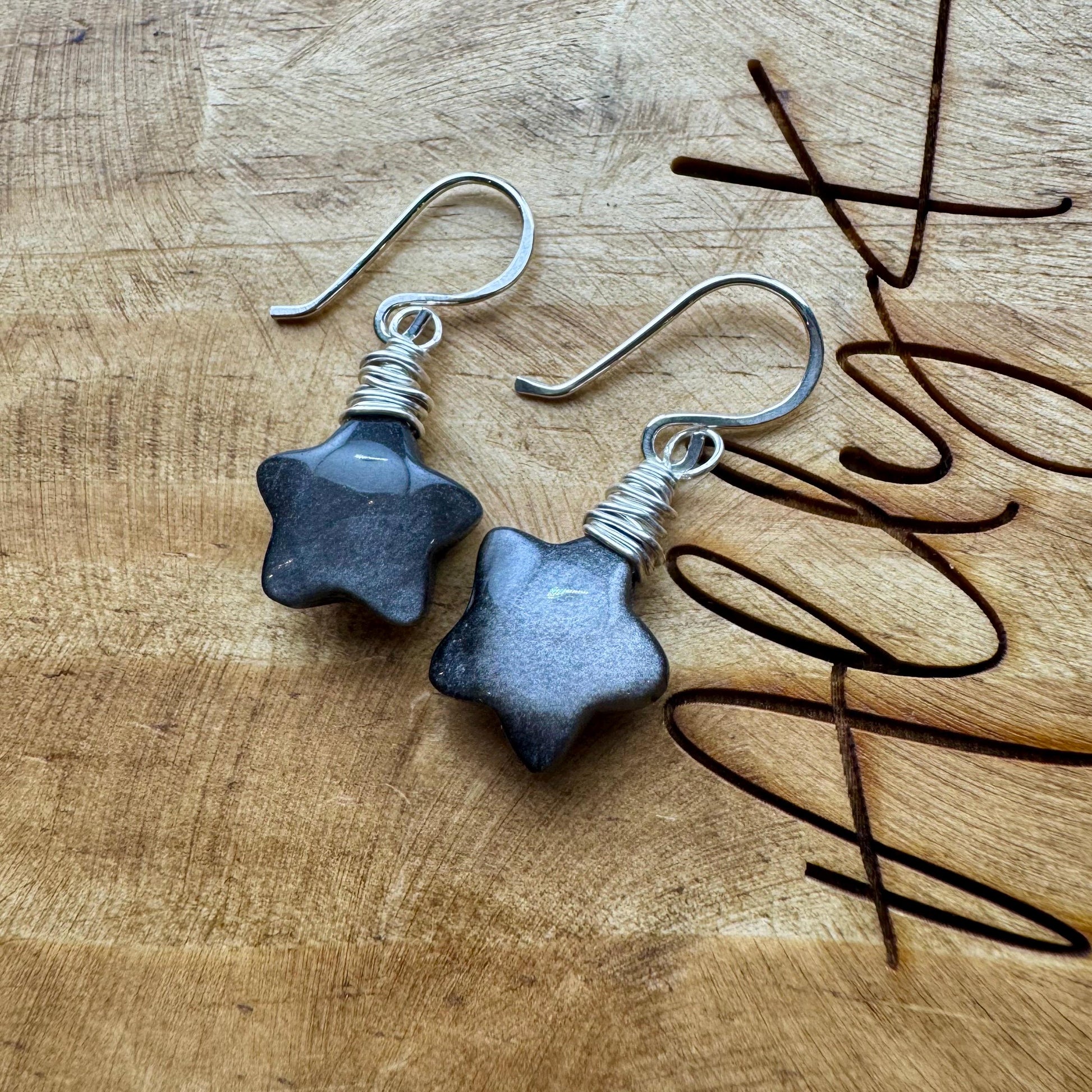 Sterling Silver Star Dangle Earrings with Obsidian, Handcrafted Jewelry
