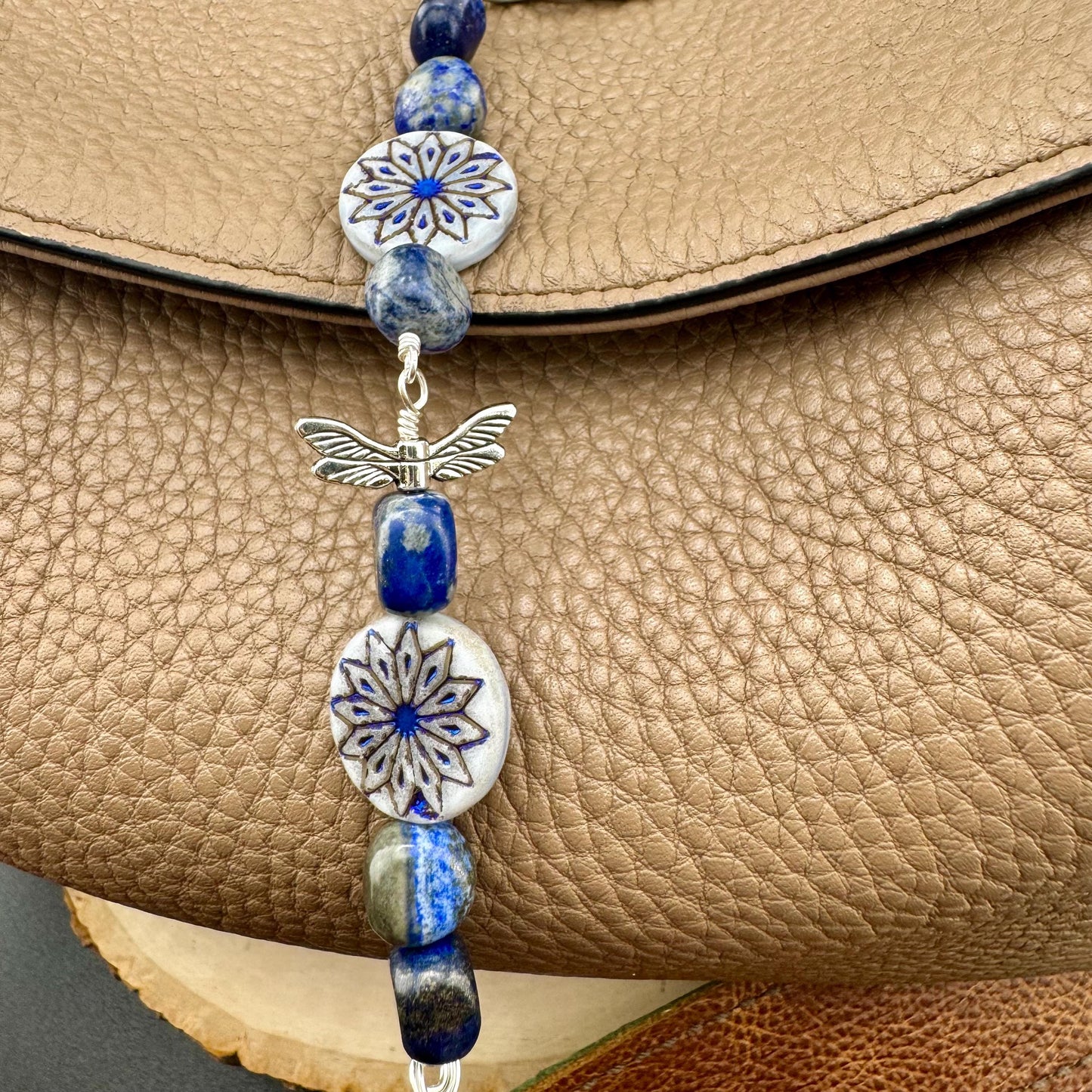 Blue Lapis Gemstone Purse Tassel with Dragonfly and Flower Charms