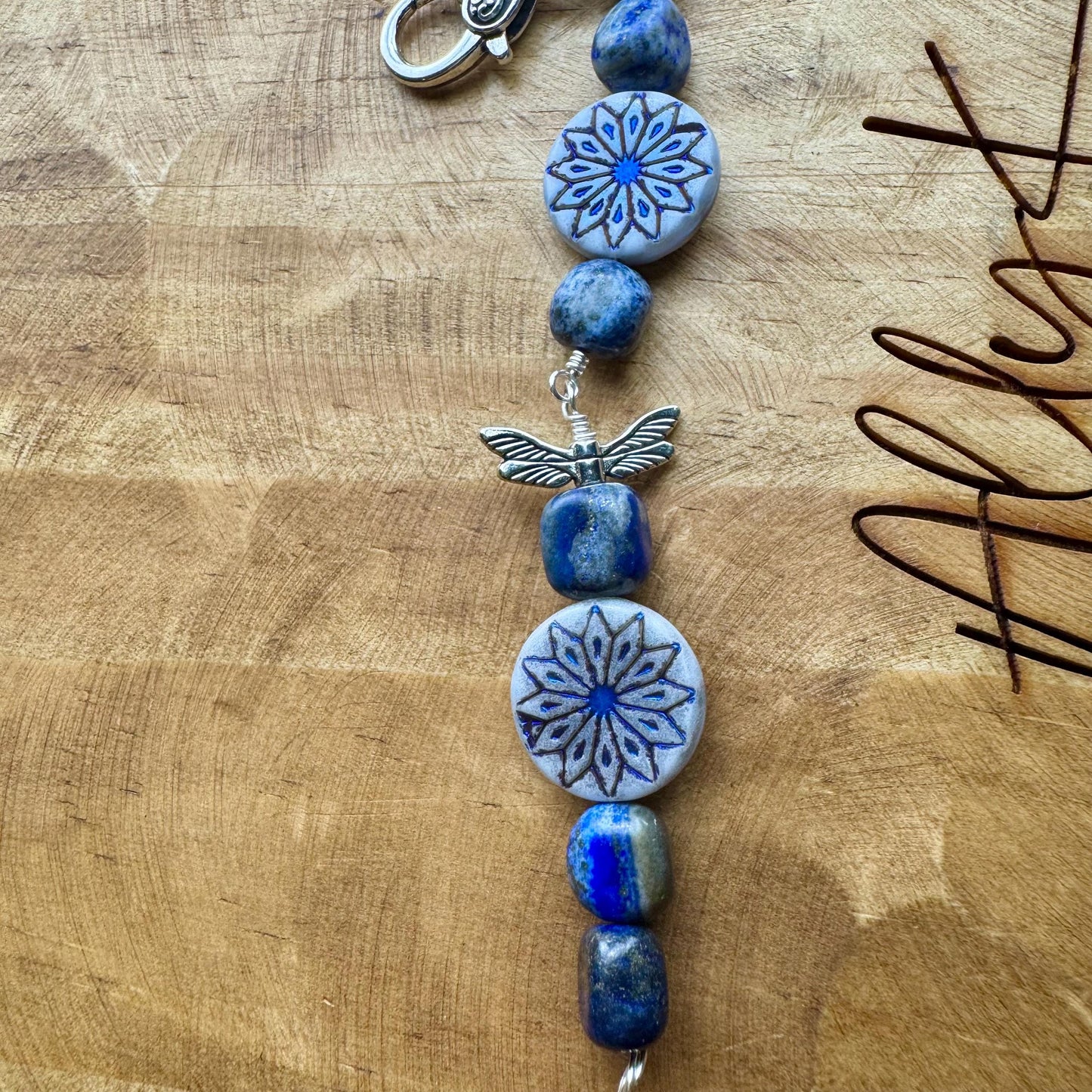 Blue Lapis Gemstone Purse Tassel with Dragonfly and Flower Charms