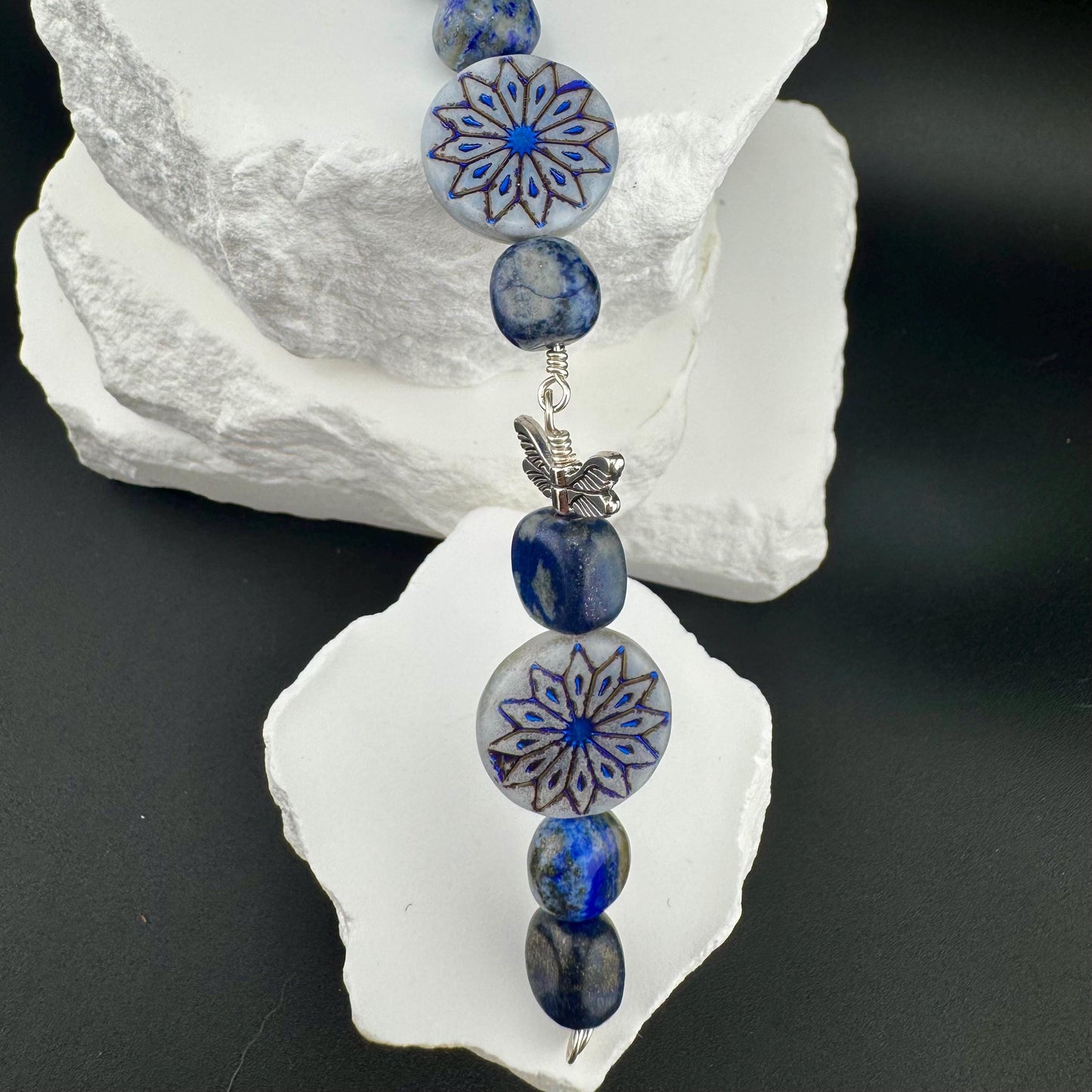 Blue Lapis Gemstone Purse Tassel with Dragonfly and Flower Charms