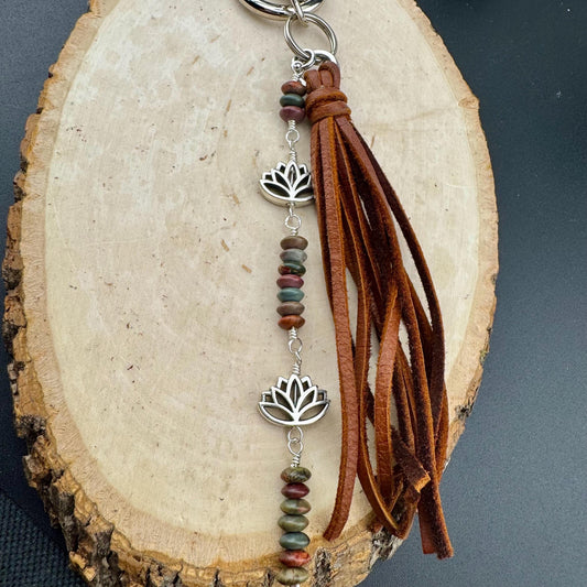 Picasso Red Creek Jasper Leather Purse Charm - Leather Lotus Flower Beaded Handbag Tassel
