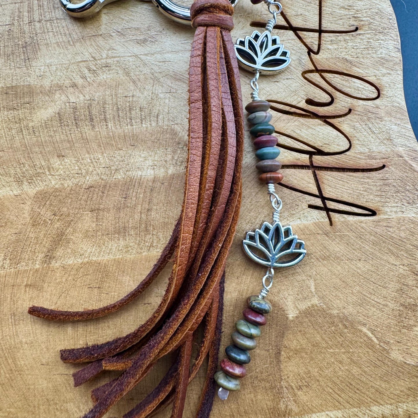 Picasso Red Creek Jasper Leather Purse Charm - Leather Lotus Flower Beaded Handbag Tassel