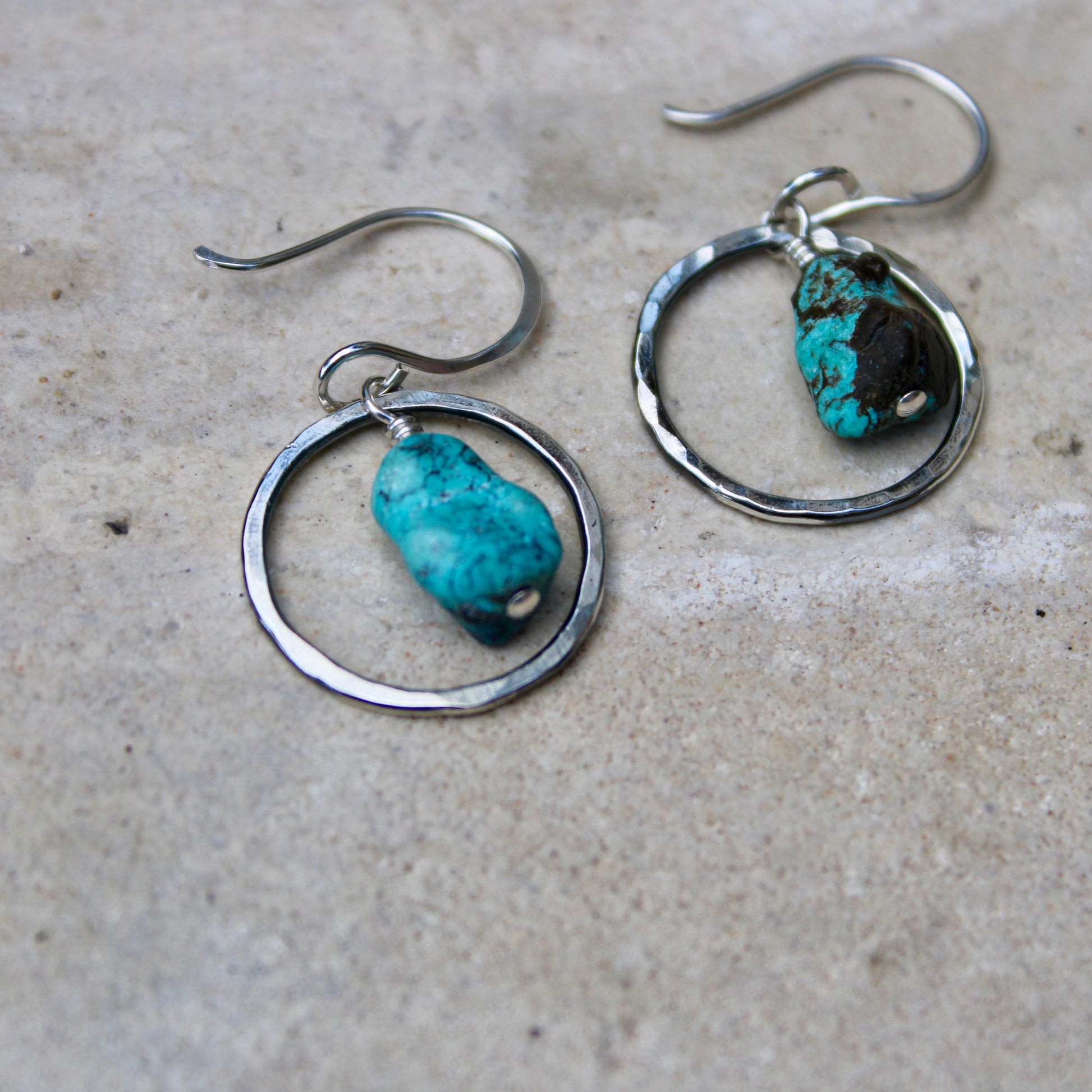 Raw Turquoise Pebble Nugget Earrings on Sterling Silver Circles, Turquoise Jewelry