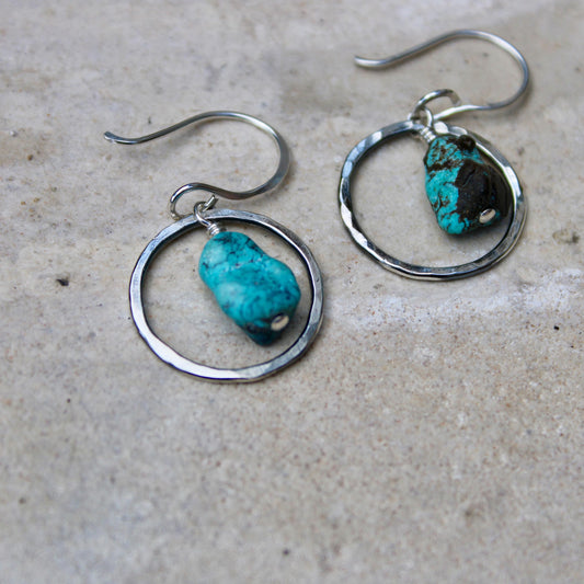 Raw Turquoise Pebble Nugget Earrings on Sterling Silver Circles, Turquoise Jewelry