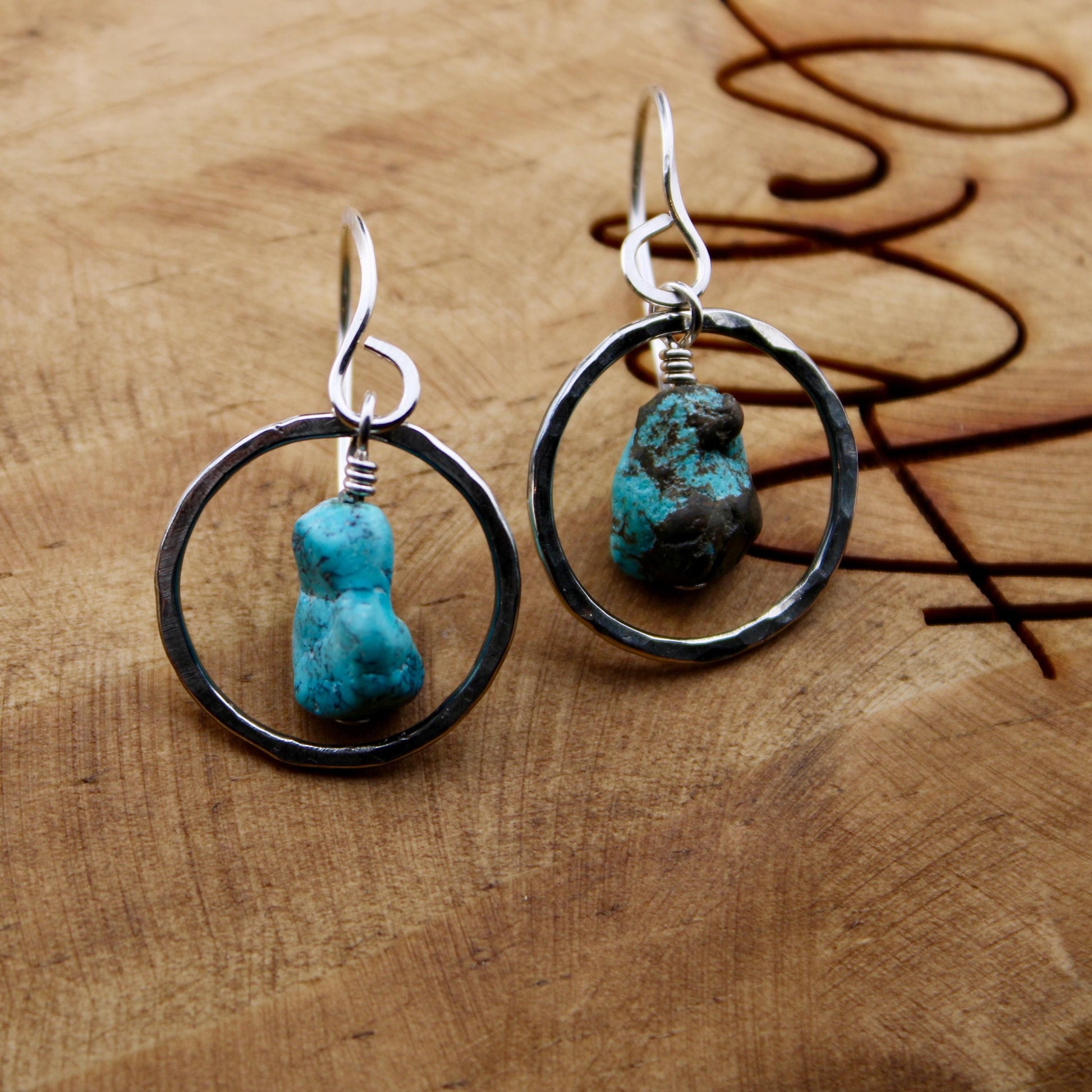 Raw Turquoise Pebble Nugget Earrings on Sterling Silver Circles, Turquoise Jewelry