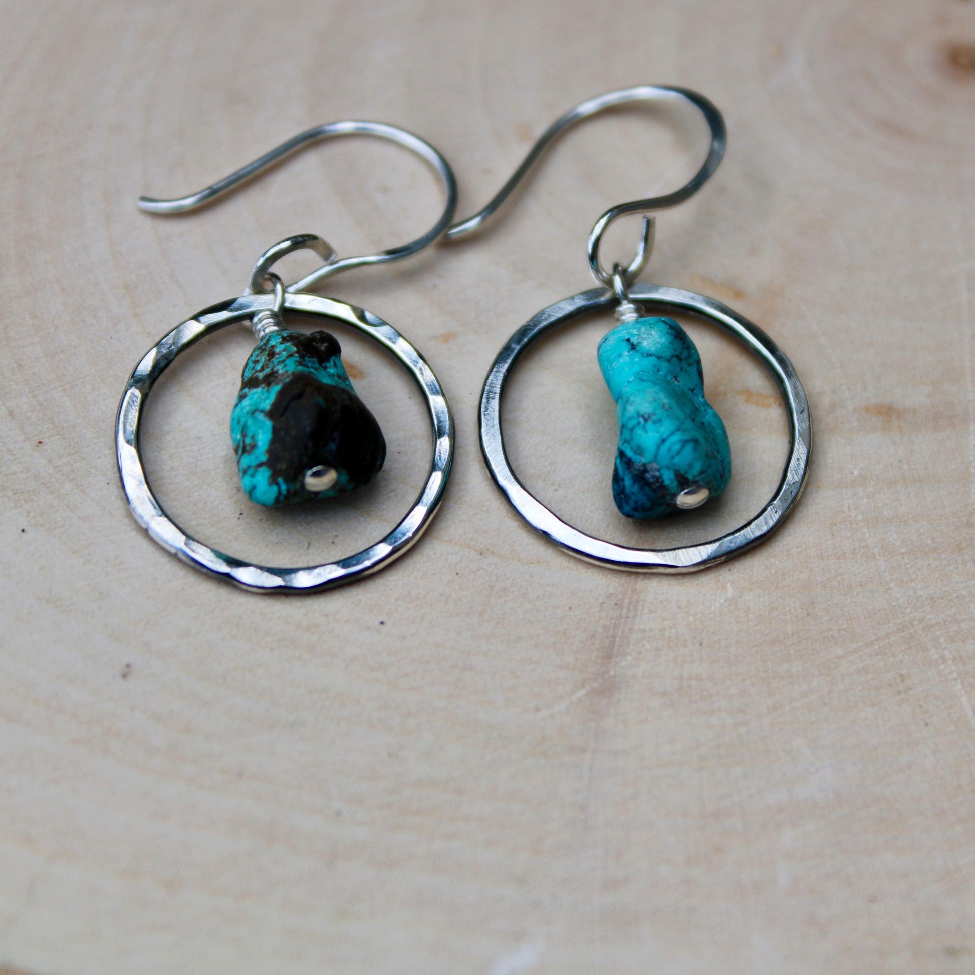 Raw Turquoise Pebble Nugget Earrings on Sterling Silver Circles, Turquoise Jewelry