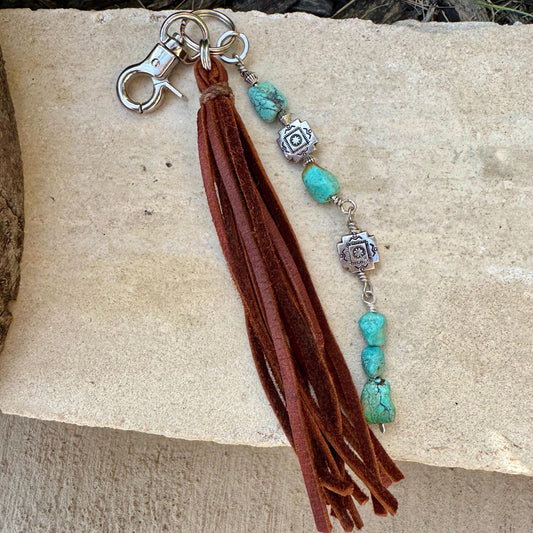 Tribal Cross Charm Purse Tassel, Raw Turquoise Pebble Stone Purse Tassel, Southwestern Turquoise Tassel, Leather Handbag Accessory