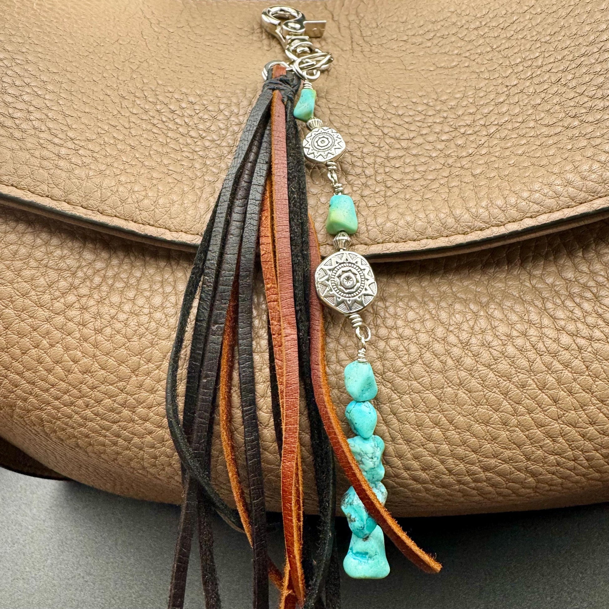 Tribal Sun Charm, Raw Turquoise Pebble Stone Purse Tassel, Southwestern Tassel, Turquoise Keychain, Leather Handbag Accessory