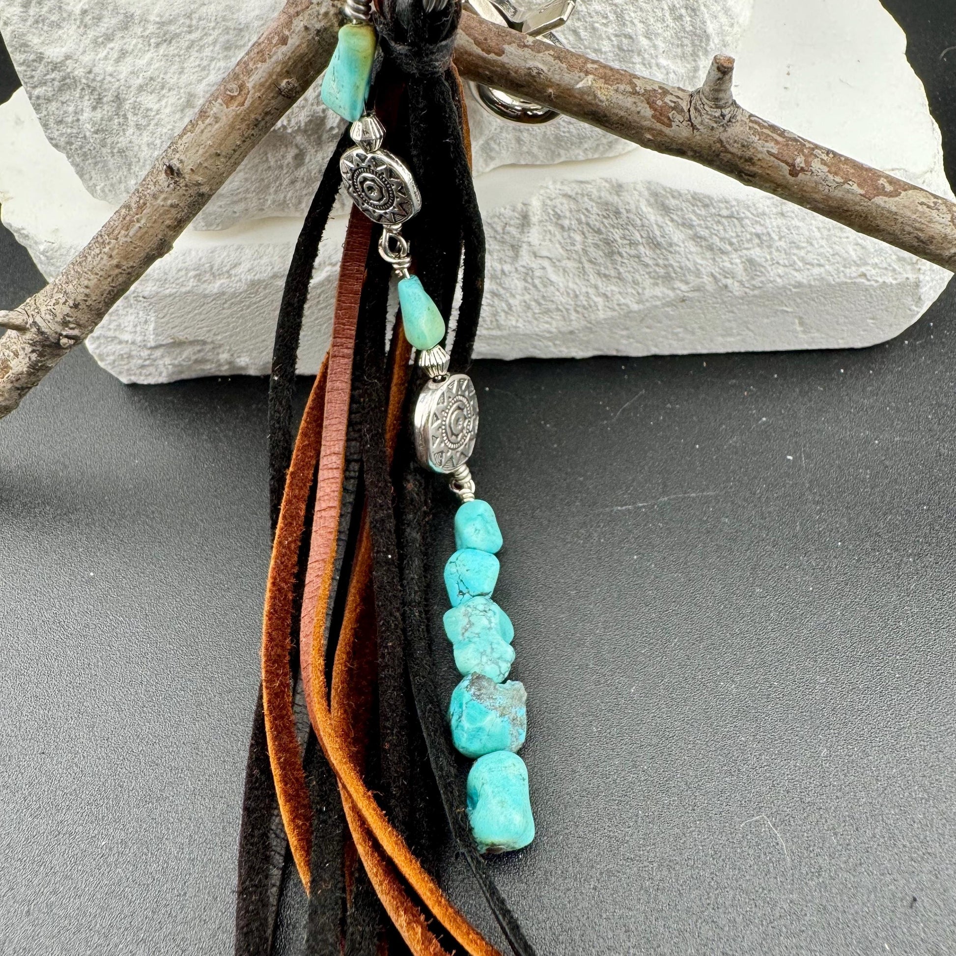 Tribal Sun Charm, Raw Turquoise Pebble Stone Purse Tassel, Southwestern Tassel, Turquoise Keychain, Leather Handbag Accessory