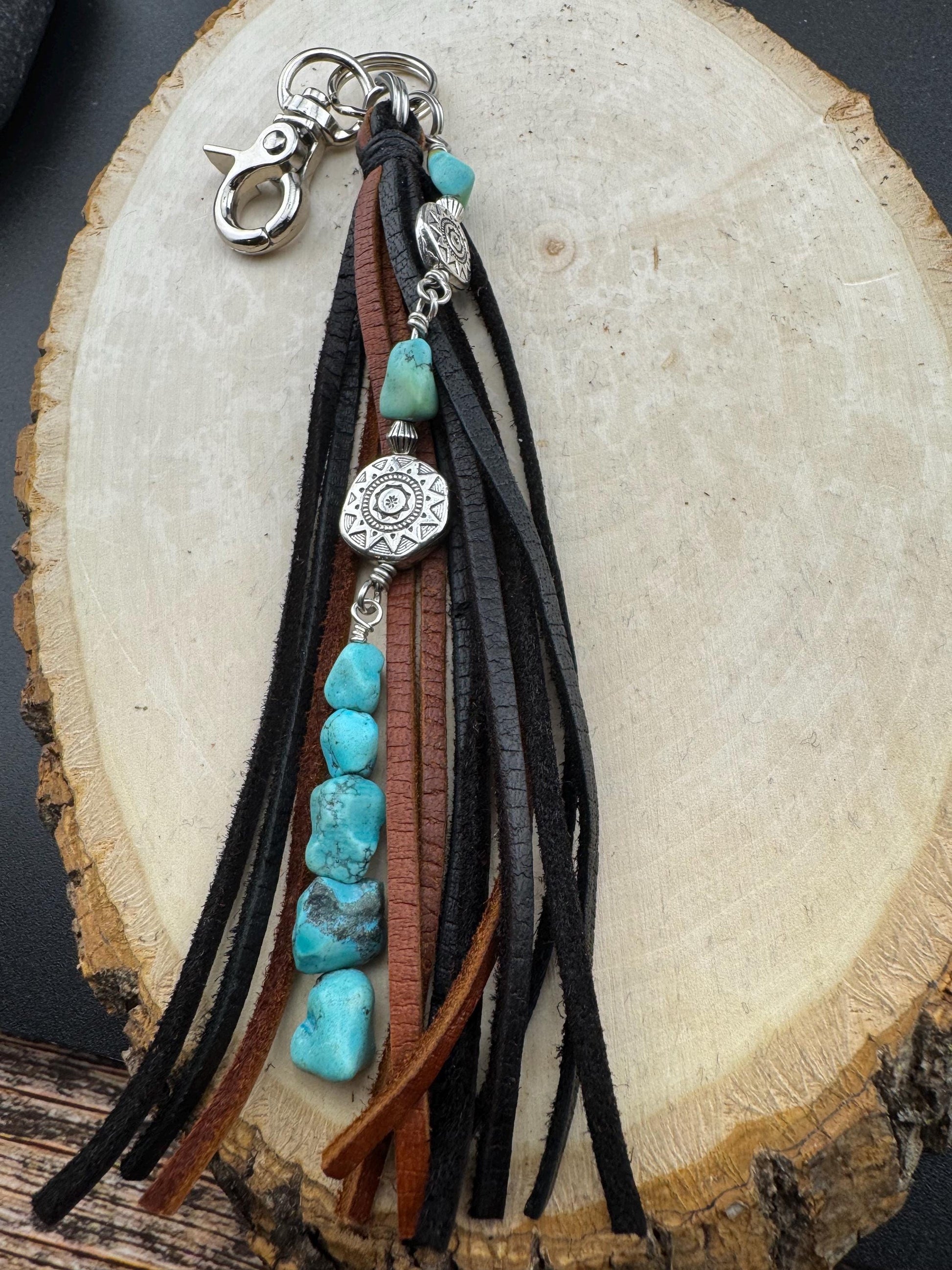 Tribal Sun Charm, Raw Turquoise Pebble Stone Purse Tassel, Southwestern Tassel, Turquoise Keychain, Leather Handbag Accessory