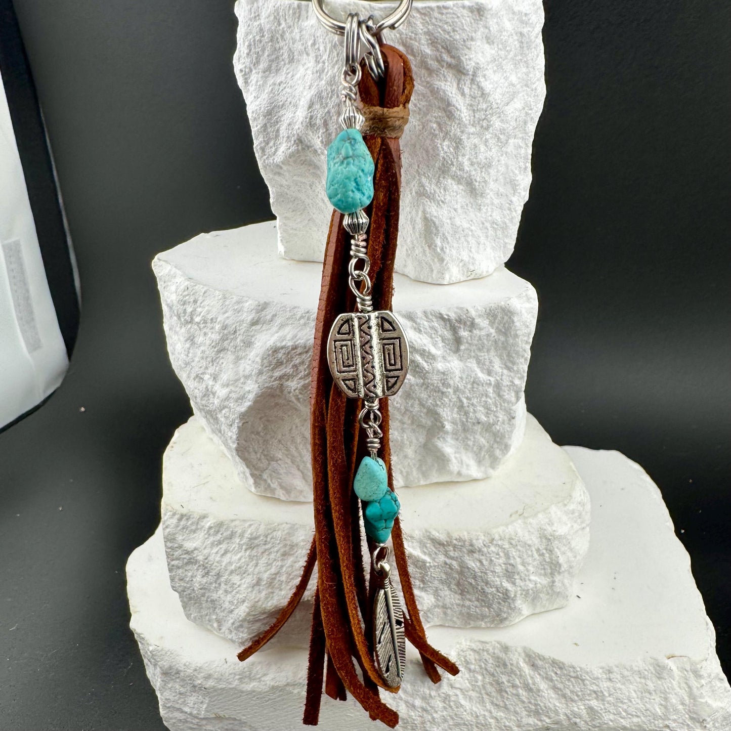 Tribal Oval Charm, Raw Turquoise Pebble Stone Purse Tassel, Southwestern Tassel, Turquoise Keychain, Leather Handbag Accessory