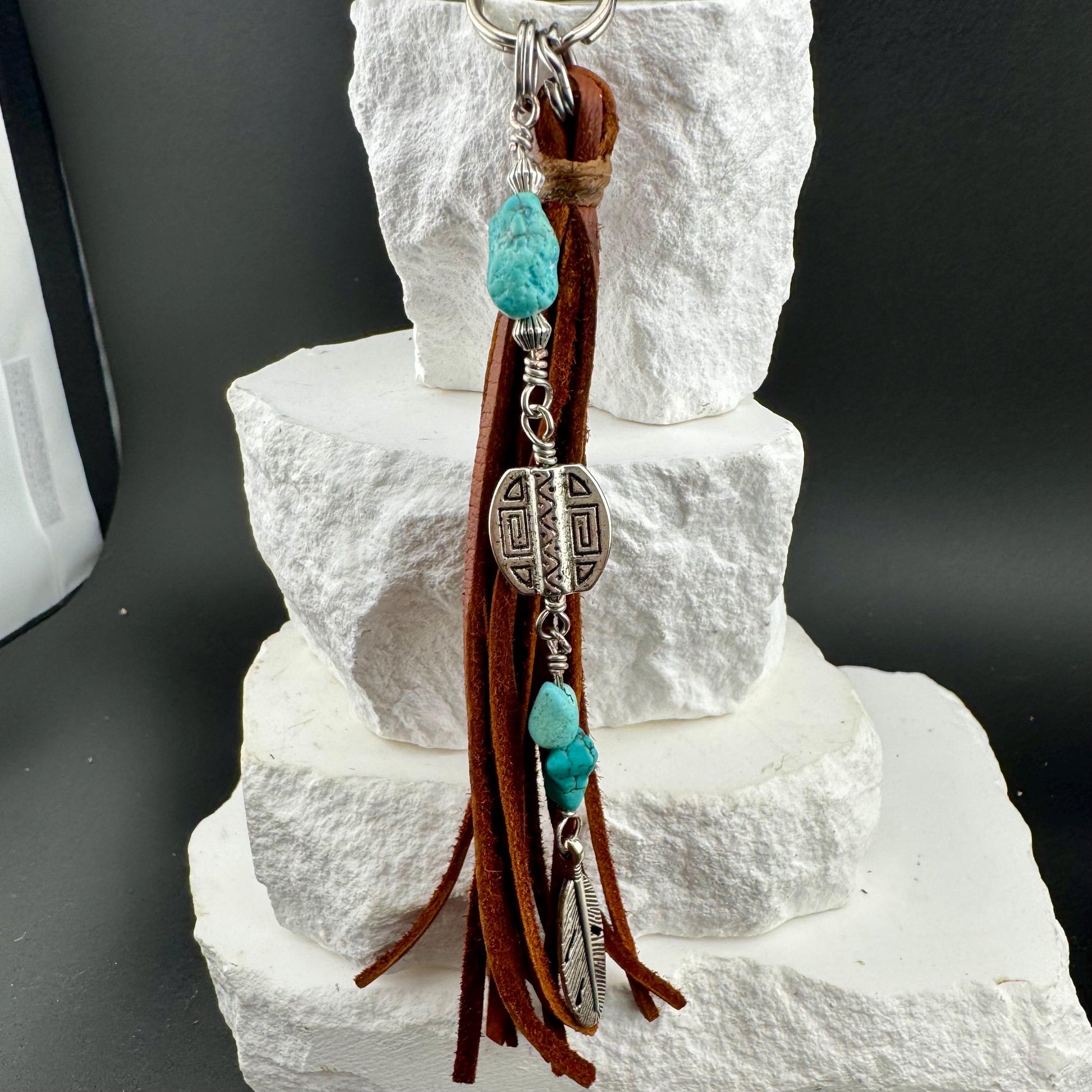 Tribal Oval Charm, Raw Turquoise Pebble Stone Purse Tassel, Southwestern Tassel, Turquoise Keychain, Leather Handbag Accessory