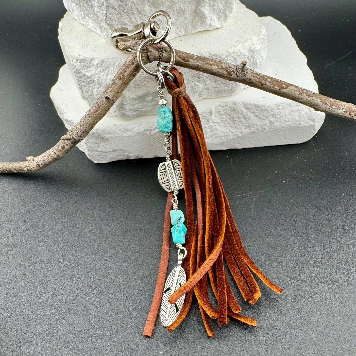 Tribal Oval Charm, Raw Turquoise Pebble Stone Purse Tassel, Southwestern Tassel, Turquoise Keychain, Leather Handbag Accessory
