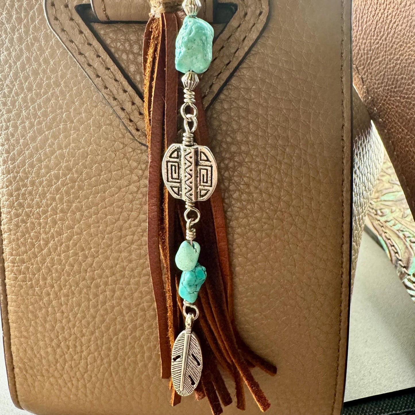 Tribal Oval Charm, Raw Turquoise Pebble Stone Purse Tassel, Southwestern Tassel, Turquoise Keychain, Leather Handbag Accessory