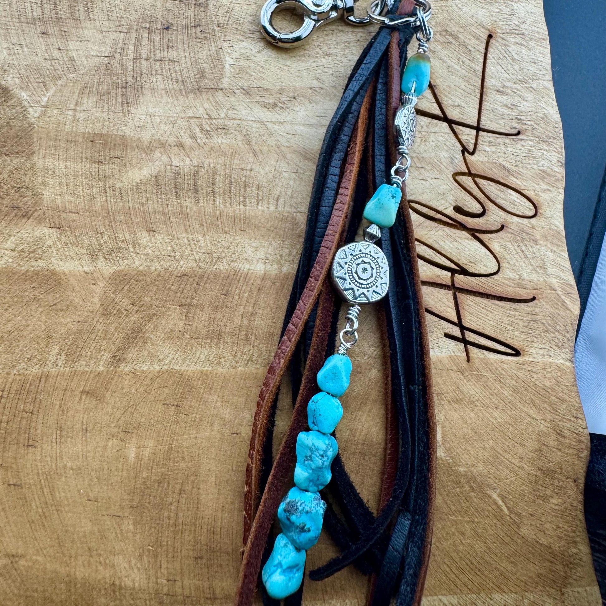 Tribal Sun Charm, Raw Turquoise Pebble Stone Purse Tassel, Southwestern Tassel, Turquoise Keychain, Leather Handbag Accessory
