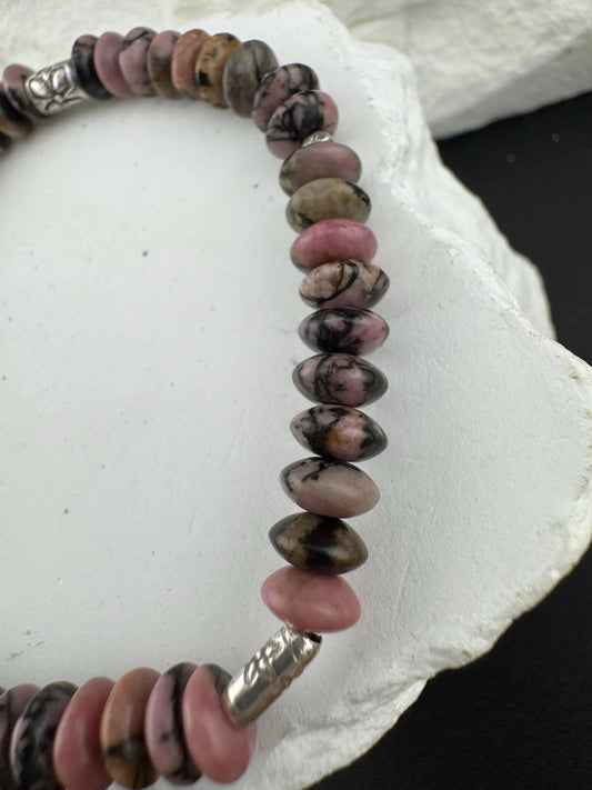 Stretch Black Pink Rhodonite Sterling Silver Bracelet, Stretch Bracelet, Natural Gemstone Jewelry, Handmade Bracelet