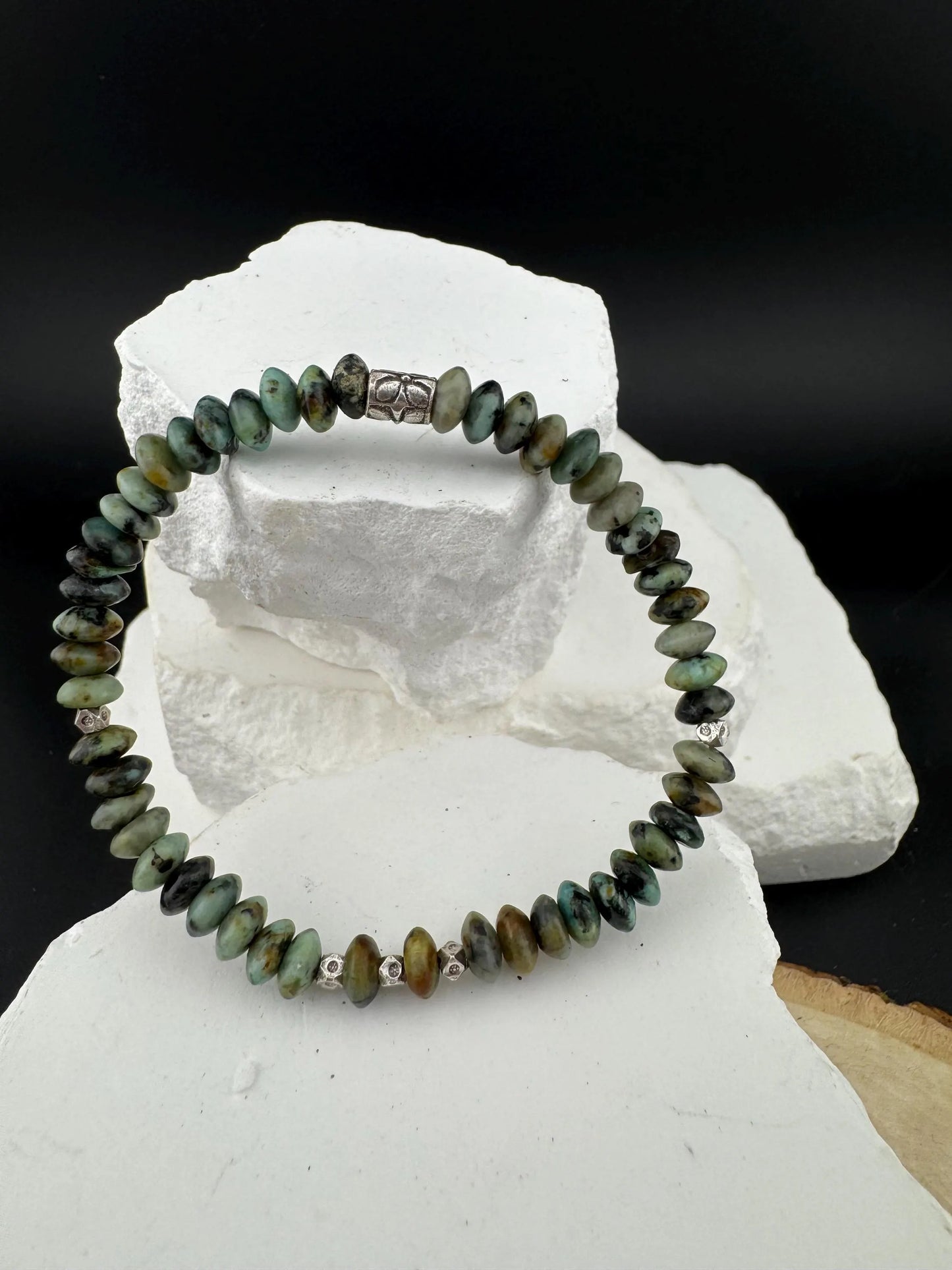 Stretch African Turquoise Sterling Silver Bracelet, Natural Gemstone Jewelry, Handmade Bracelet, Stretch Beaded Bracelet