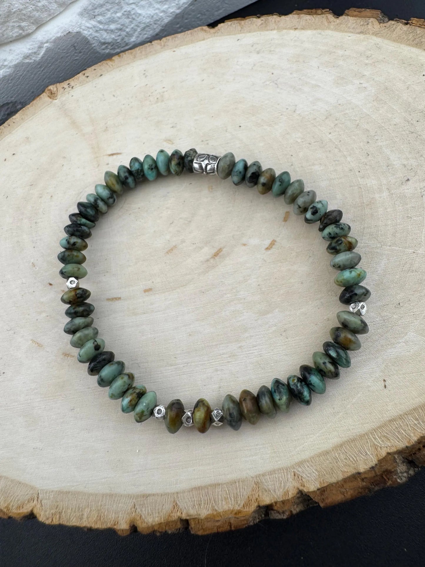 Stretch African Turquoise Sterling Silver Bracelet, Natural Gemstone Jewelry, Handmade Bracelet, Stretch Beaded Bracelet