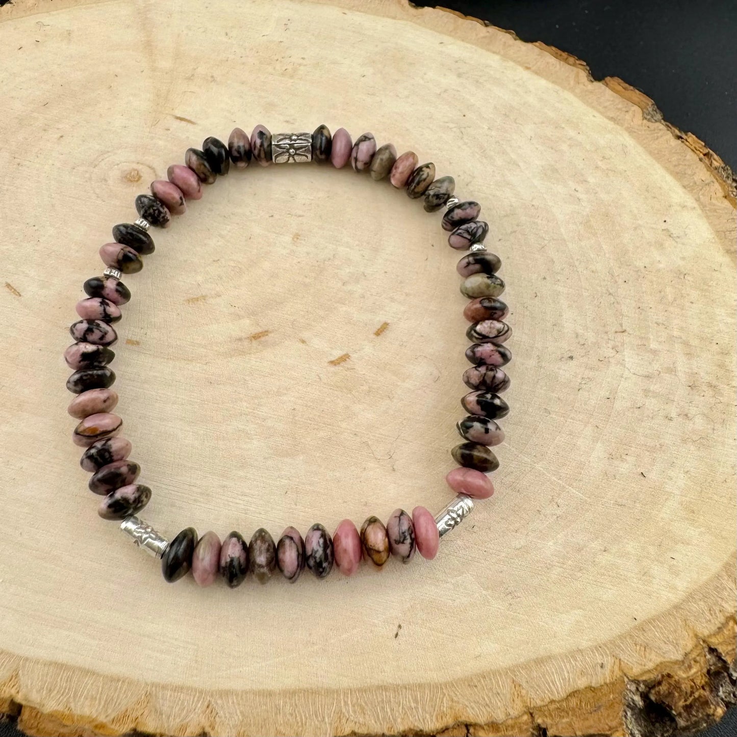 Stretch Black Pink Rhodonite Sterling Silver Bracelet, Stretch Bracelet, Natural Gemstone Jewelry, Handmade Bracelet
