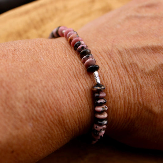 Stretch Black Pink Rhodonite Sterling Silver Bracelet, Stretch Bracelet, Natural Gemstone Jewelry, Handmade Bracelet