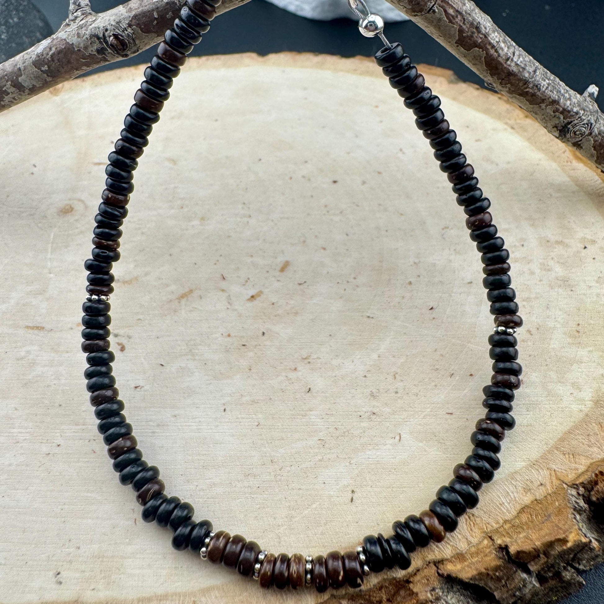 Sterling Silver Coconut Wood Ankle Bracelet, Beach Anklet, Dainty Boho Anklet