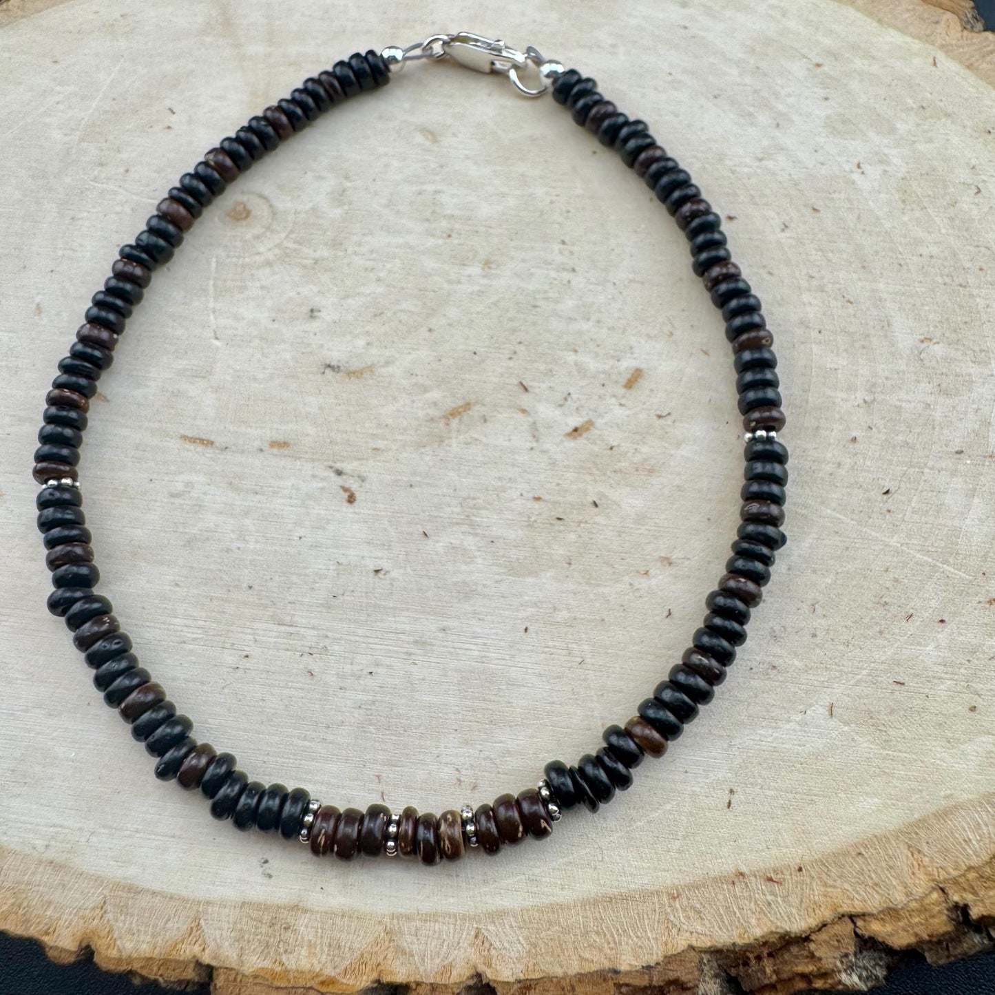 Sterling Silver Coconut Wood Ankle Bracelet, Beach Anklet, Dainty Boho Anklet