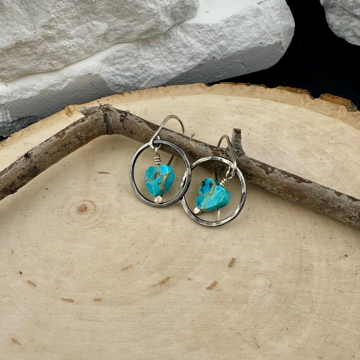 Kingman Turquoise Heart Earrings, Sterling Silver Circles, Turquoise Jewelry