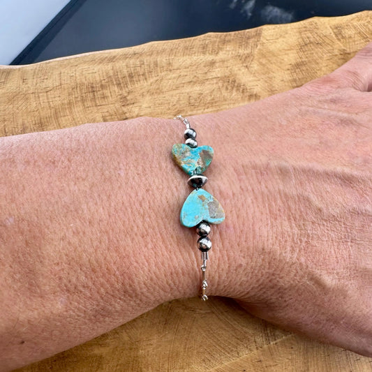 Navajo Pearl Heart Bracelet with Kingman Turquoise - Bohemian Native American Jewelry