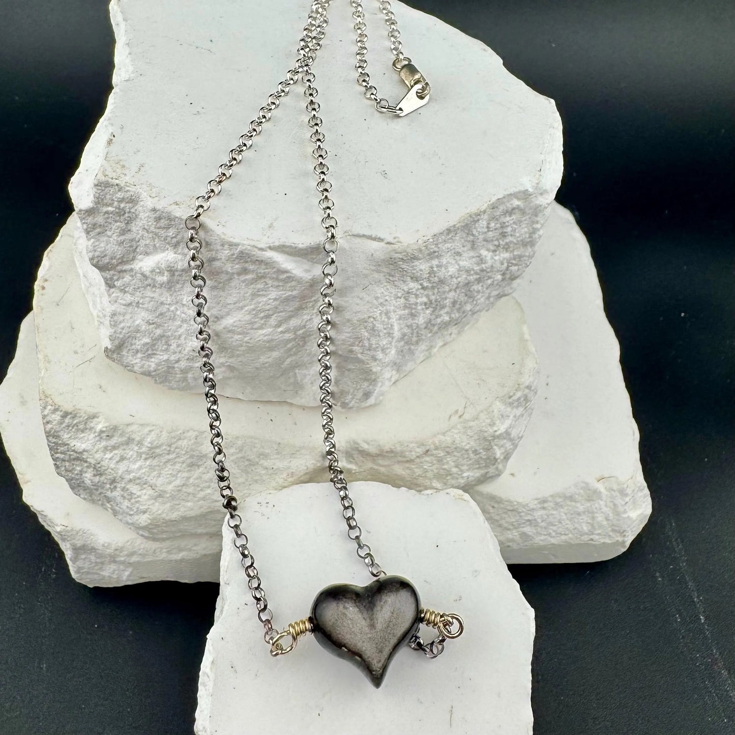 Obsidian Gemstone Puffy Heart Necklace, Heart Pendant, Obsidian Necklace, Gemstone Jewelry, Gift for Her, Black Stone