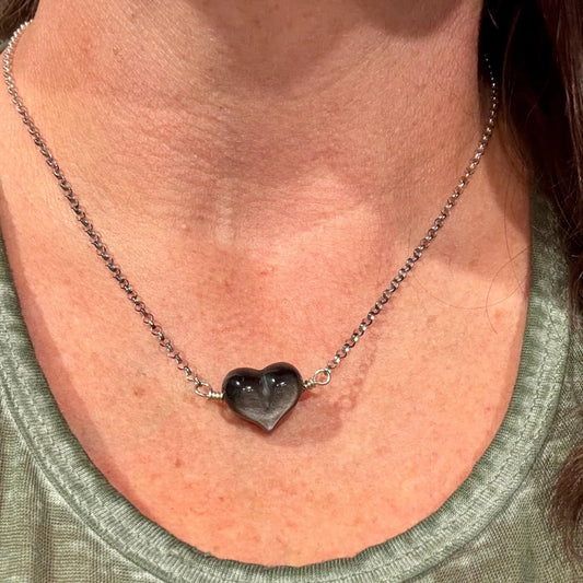 Obsidian Gemstone Puffy Heart Necklace, Heart Pendant, Obsidian Necklace, Gemstone Jewelry, Gift for Her, Black Stone