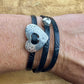 Embossed Leather Wrap Bracelet with Silver Heart & Magnetic Clasp