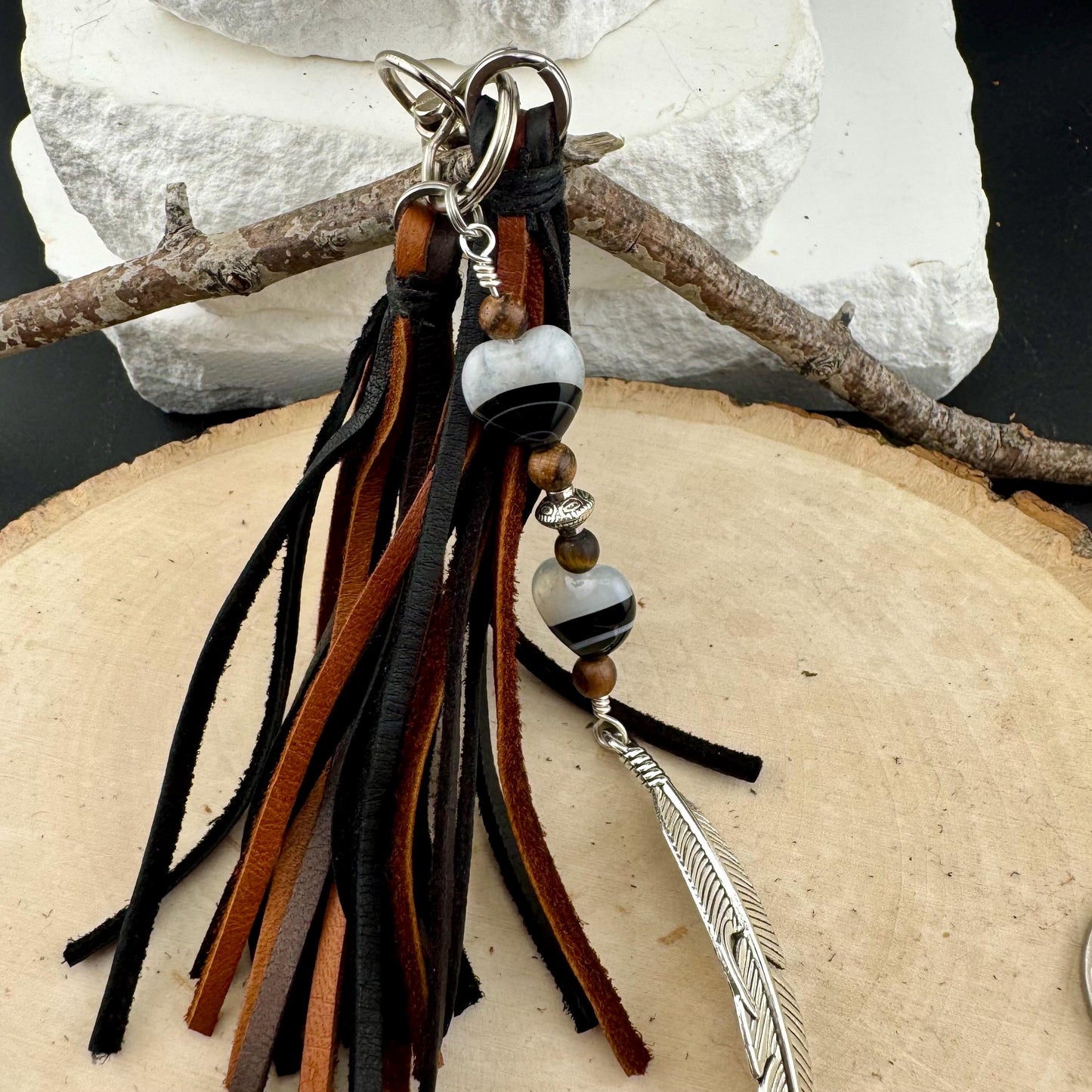 Black Agate Purse Charm • Leather Tassel Bag Charm • Heart Gemstone Keychain