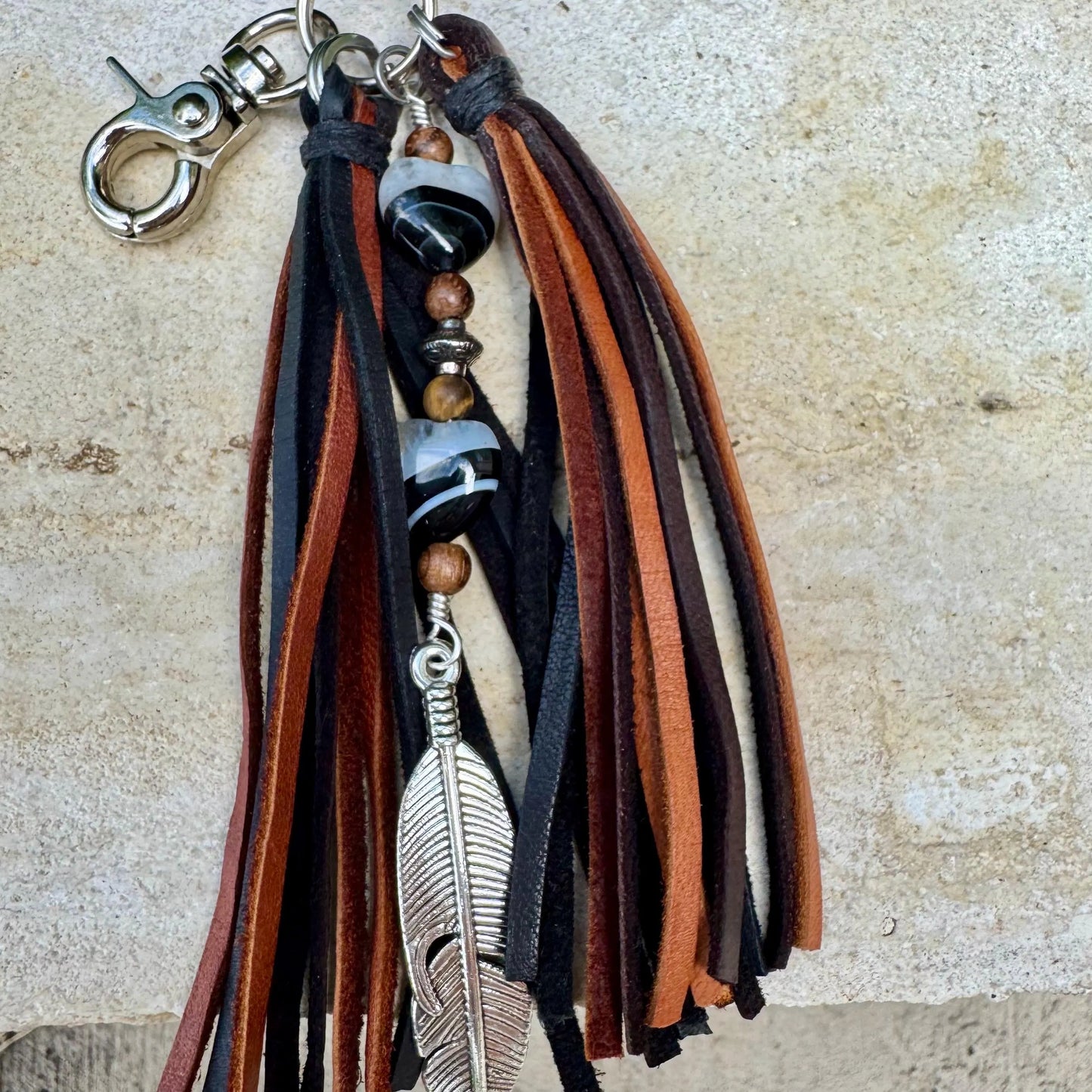 Black Agate Purse Charm • Leather Tassel Bag Charm • Heart Gemstone Keychain