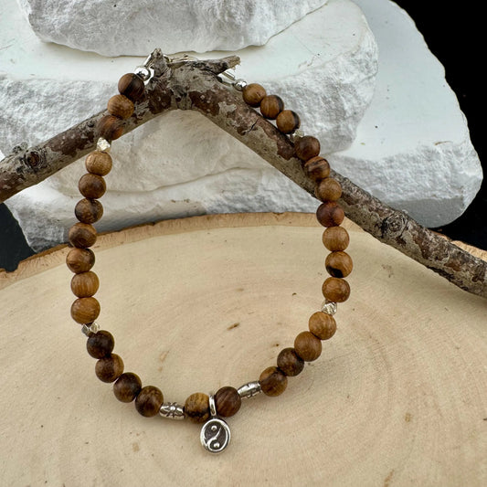 Sandalwood Tiger Skin Gemstone Sterling Silver Bracelet with Peace Charm