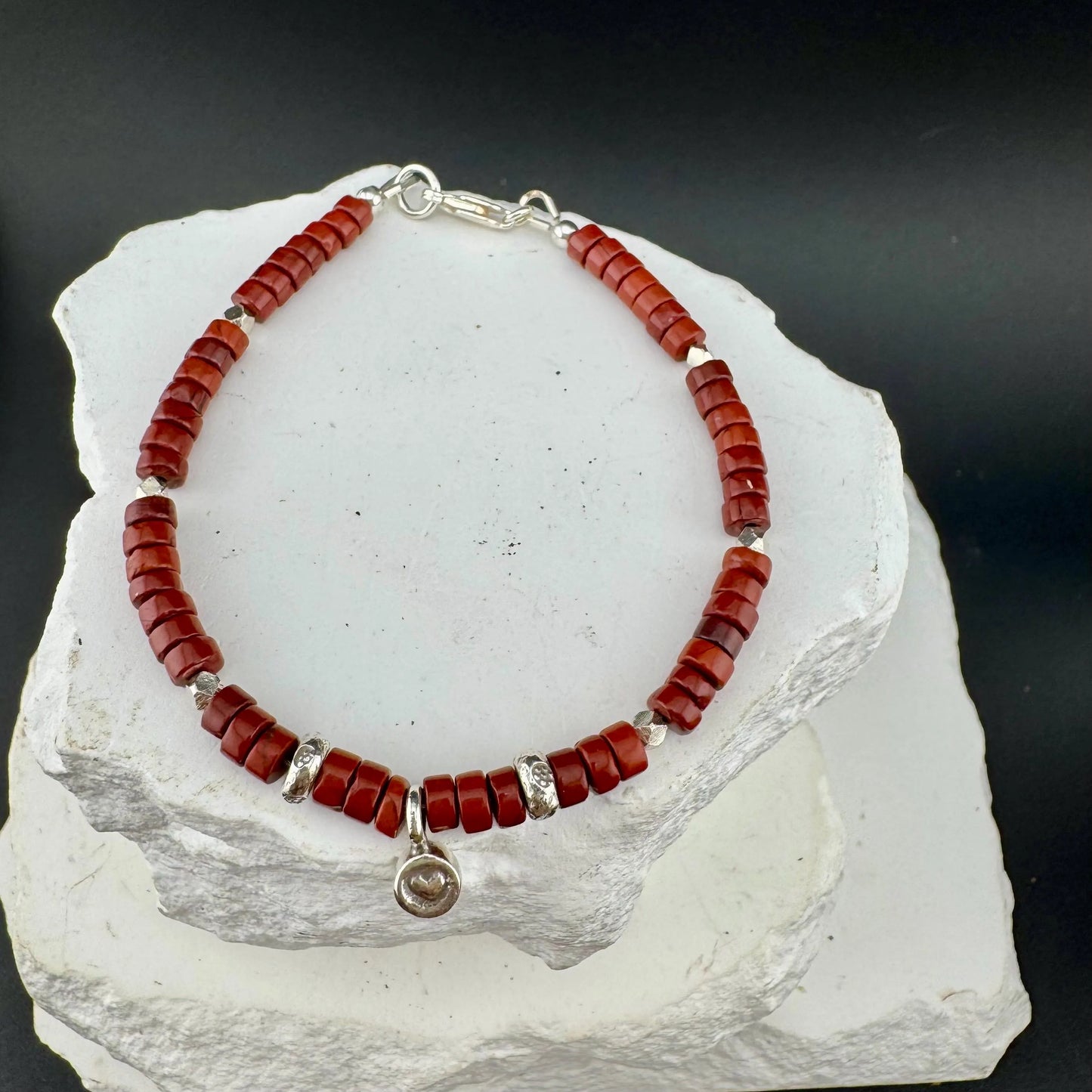 Red Jasper Bracelet – Sterling Silver Heart Charm, Grounding Gemstone Jewelry, Stackable & Handmade